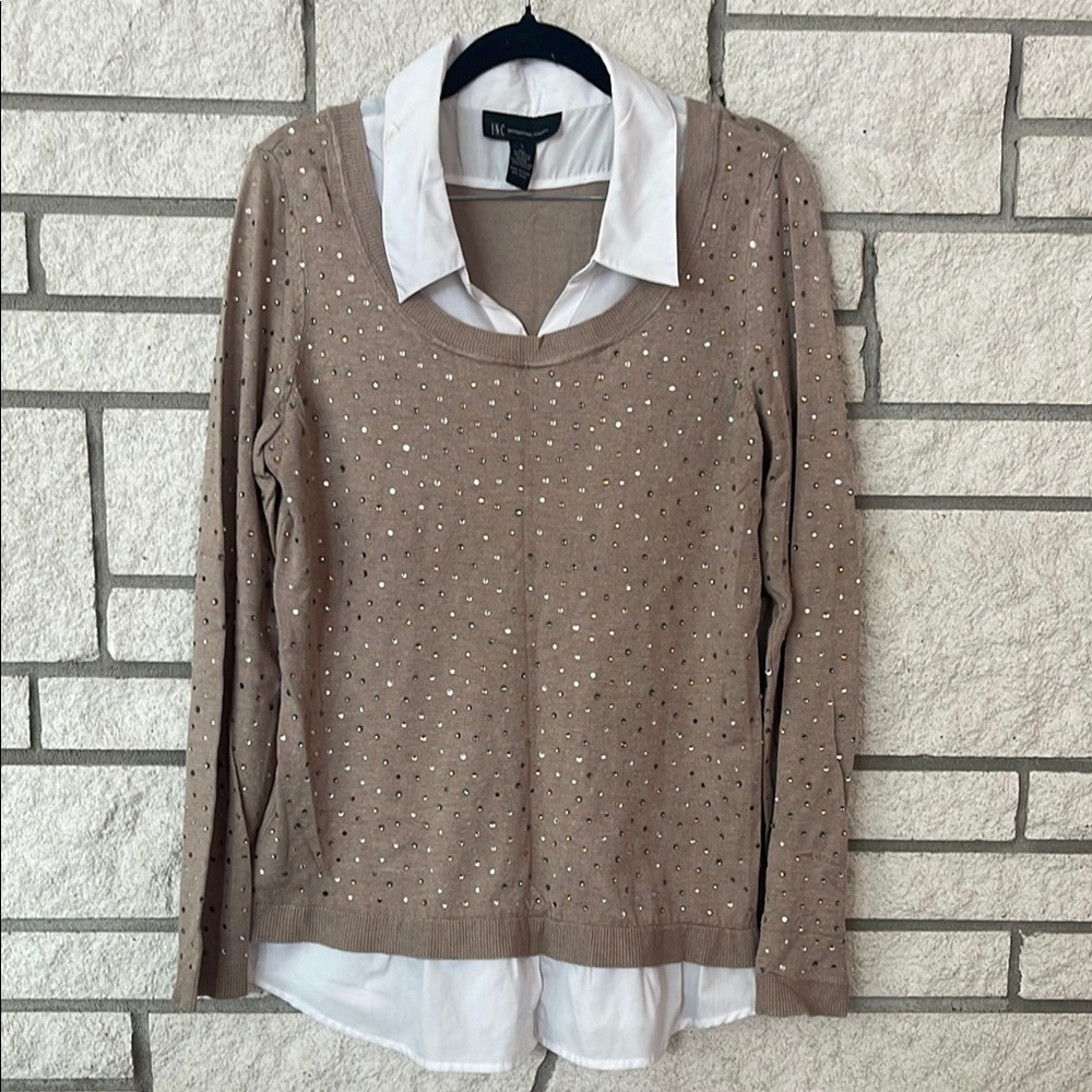 INC Tan Sweater with White Collar